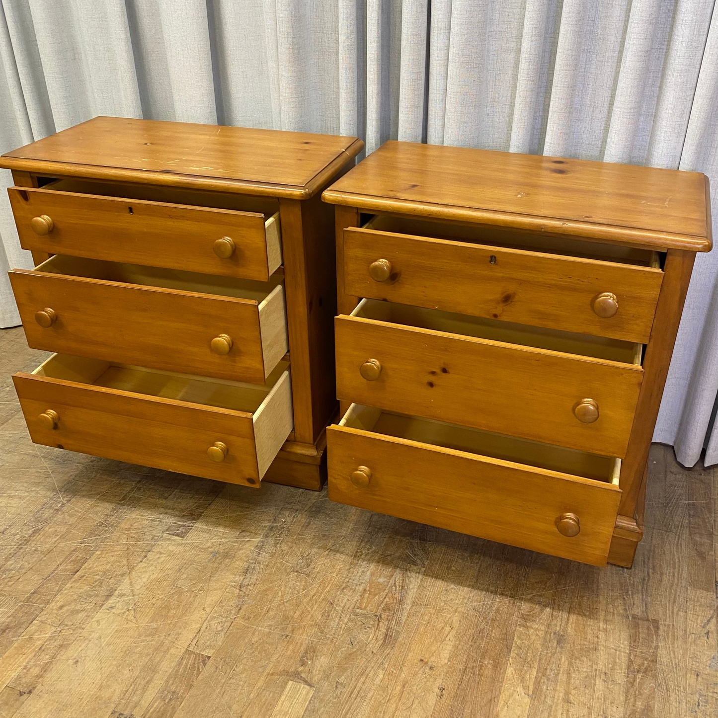 Oversized Pine Three Drawer Nightstands