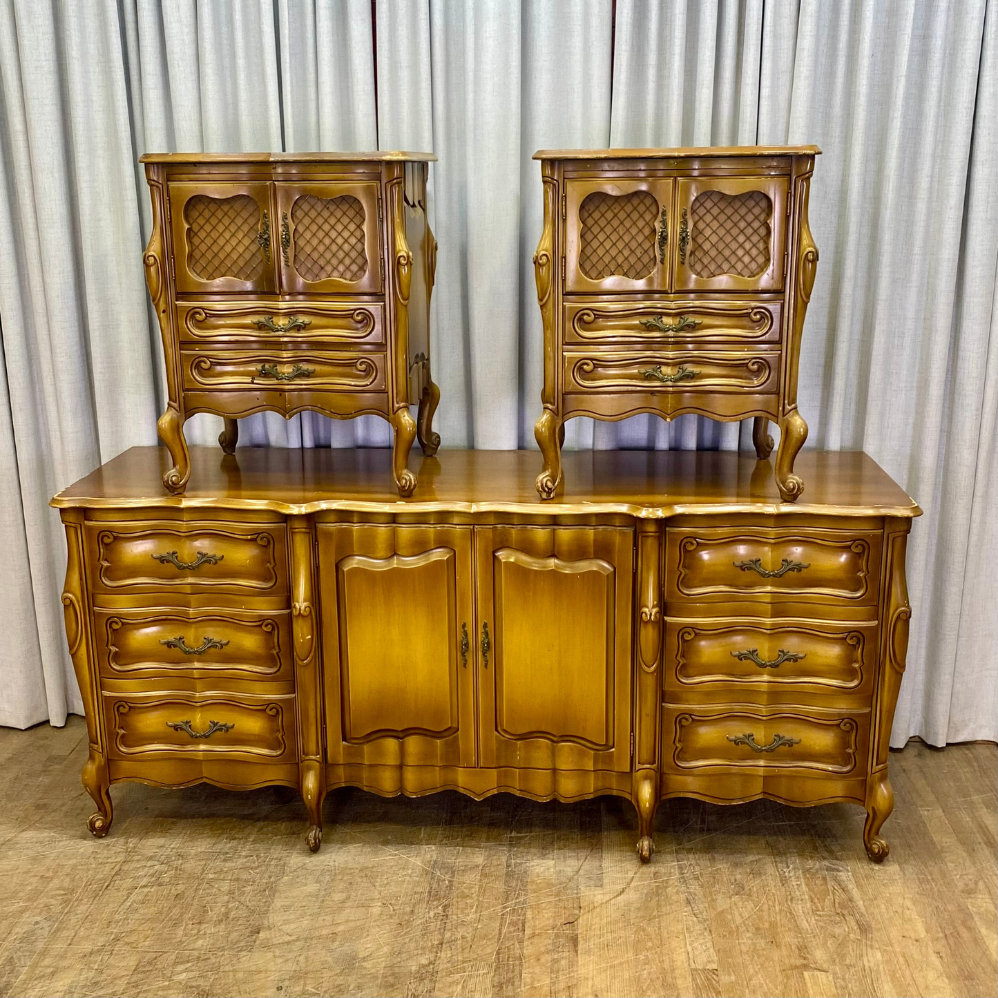 Curvy French Provincial Dresser and Pair of Nihgtstands
