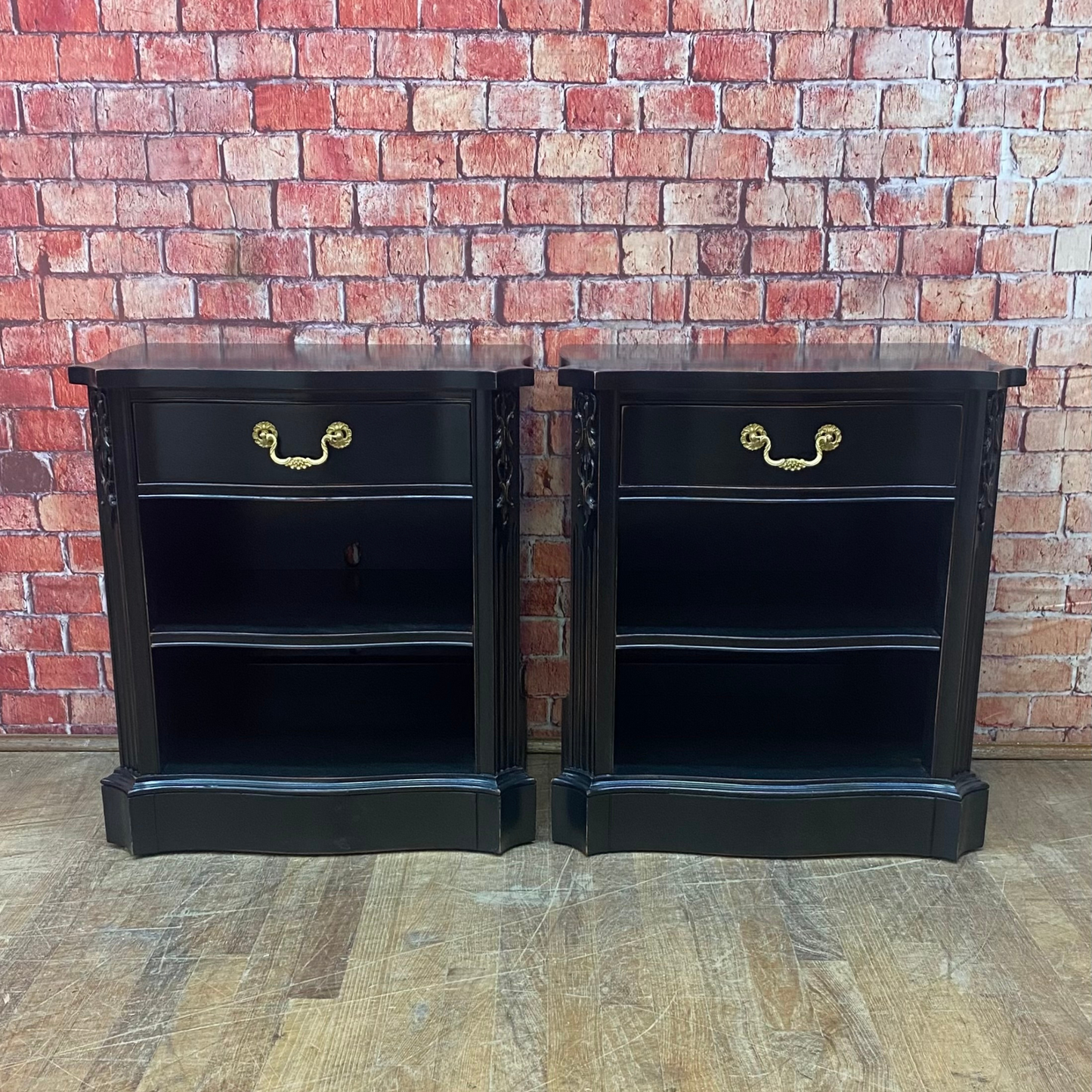 Mahogany Nightstands by White Furniture Co. Painted Black, Lightly Distressed with Gold Pulls