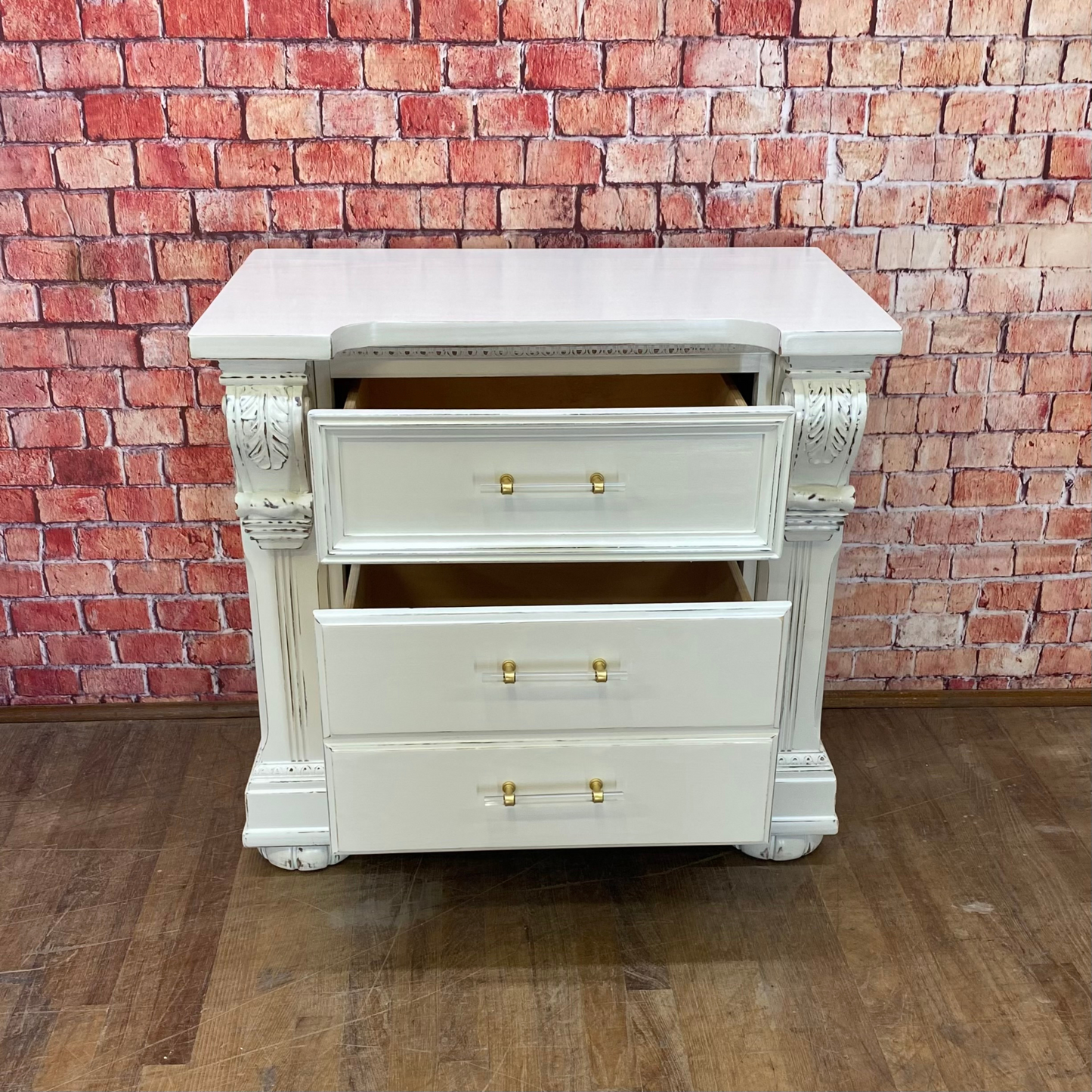 Pair of Oversized Nightstands Painted White, Distressed with Gold and Acrylic Pulls