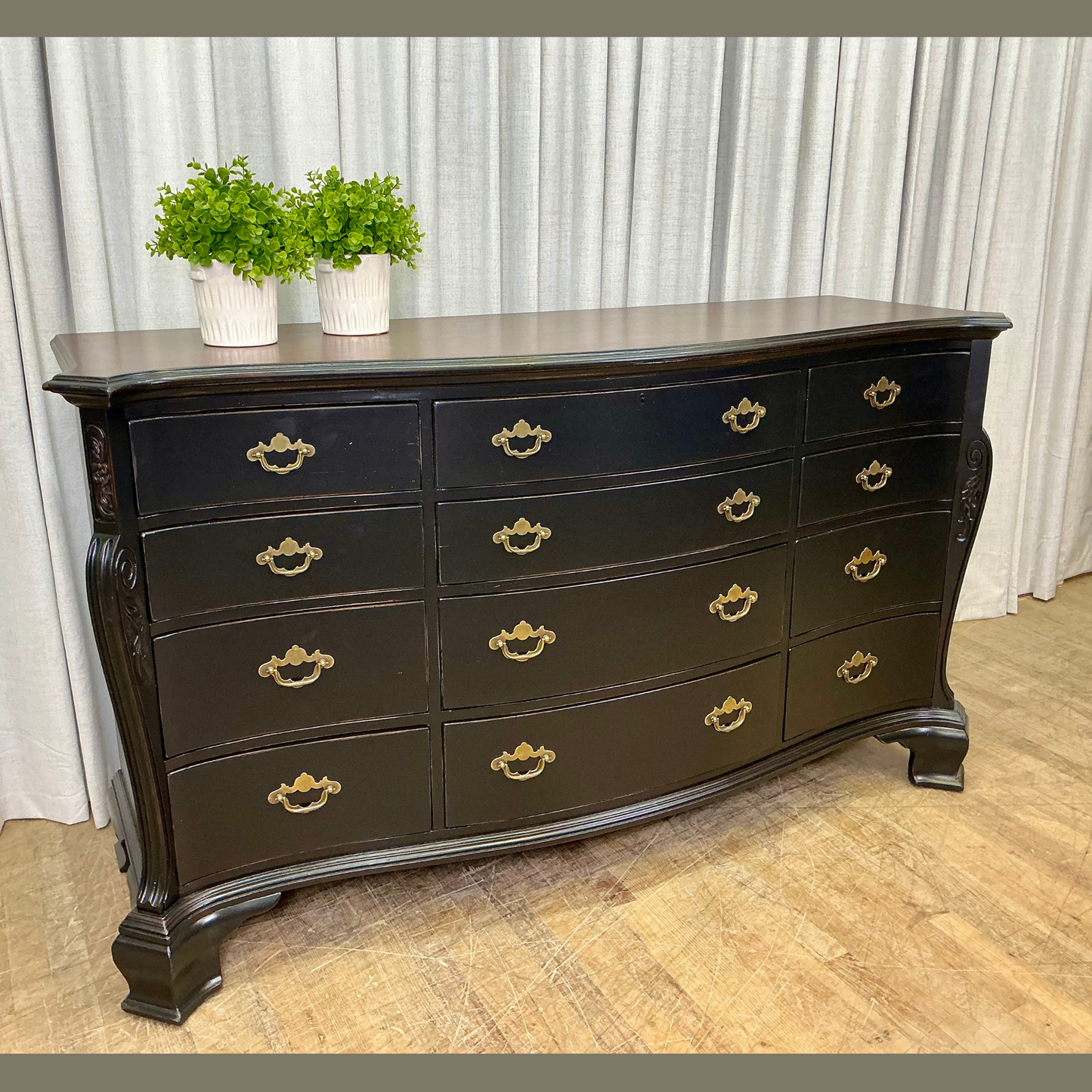 Twelve Drawer Dresser by Lexington Lacqured Black with Jacobean Stained Top