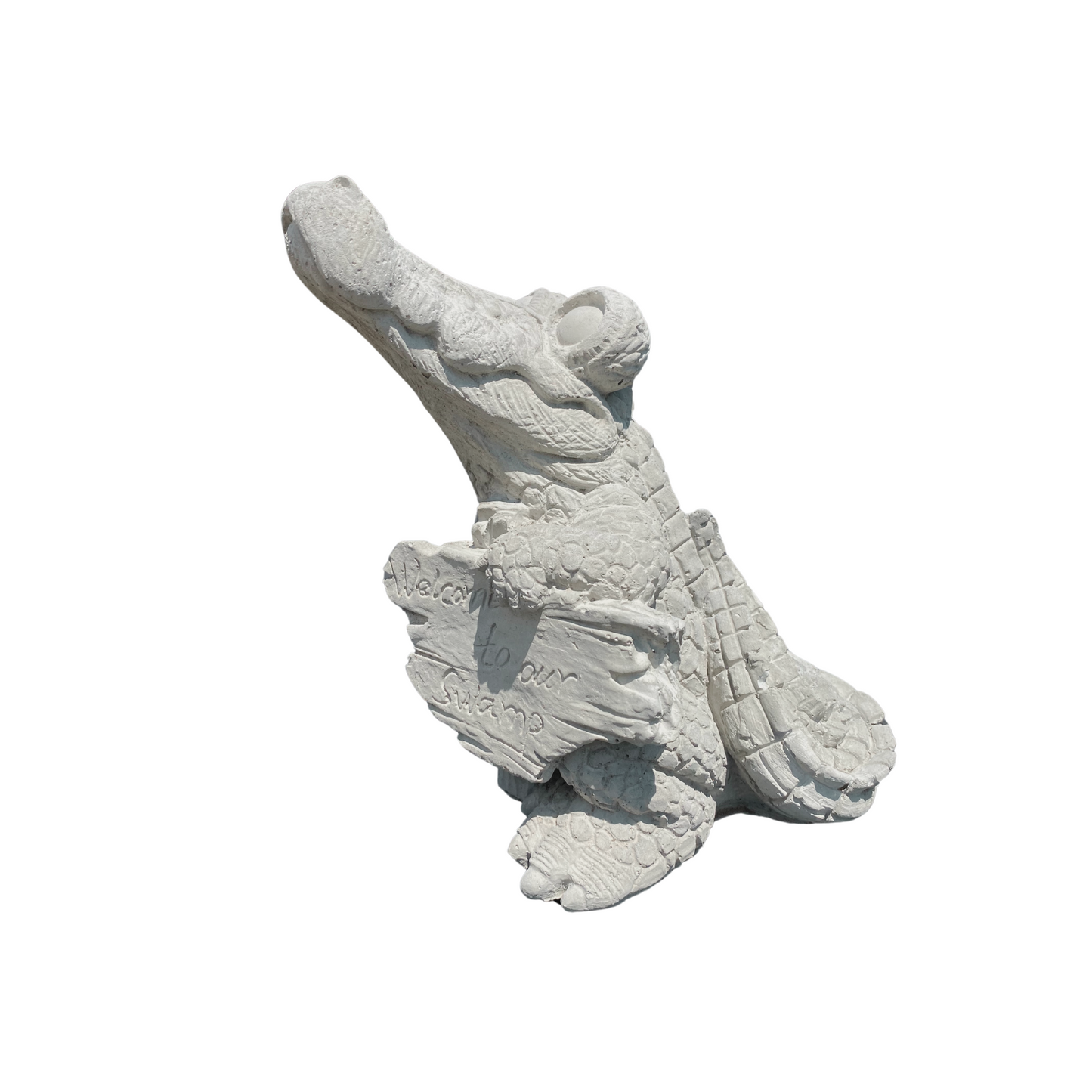 Concrete Alligator Statue with "Welcome to Our Swamp" Sign
