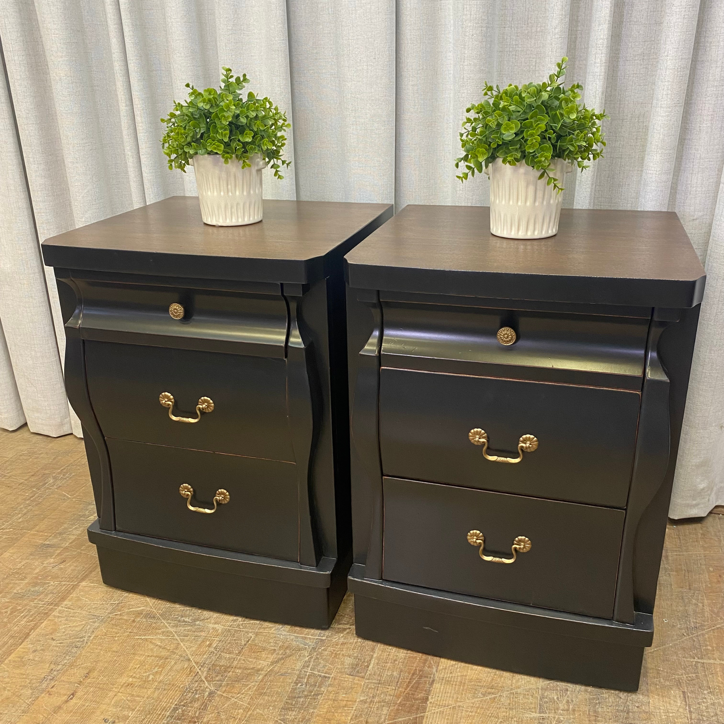 Three Drawer Black Lacquered Nightstands