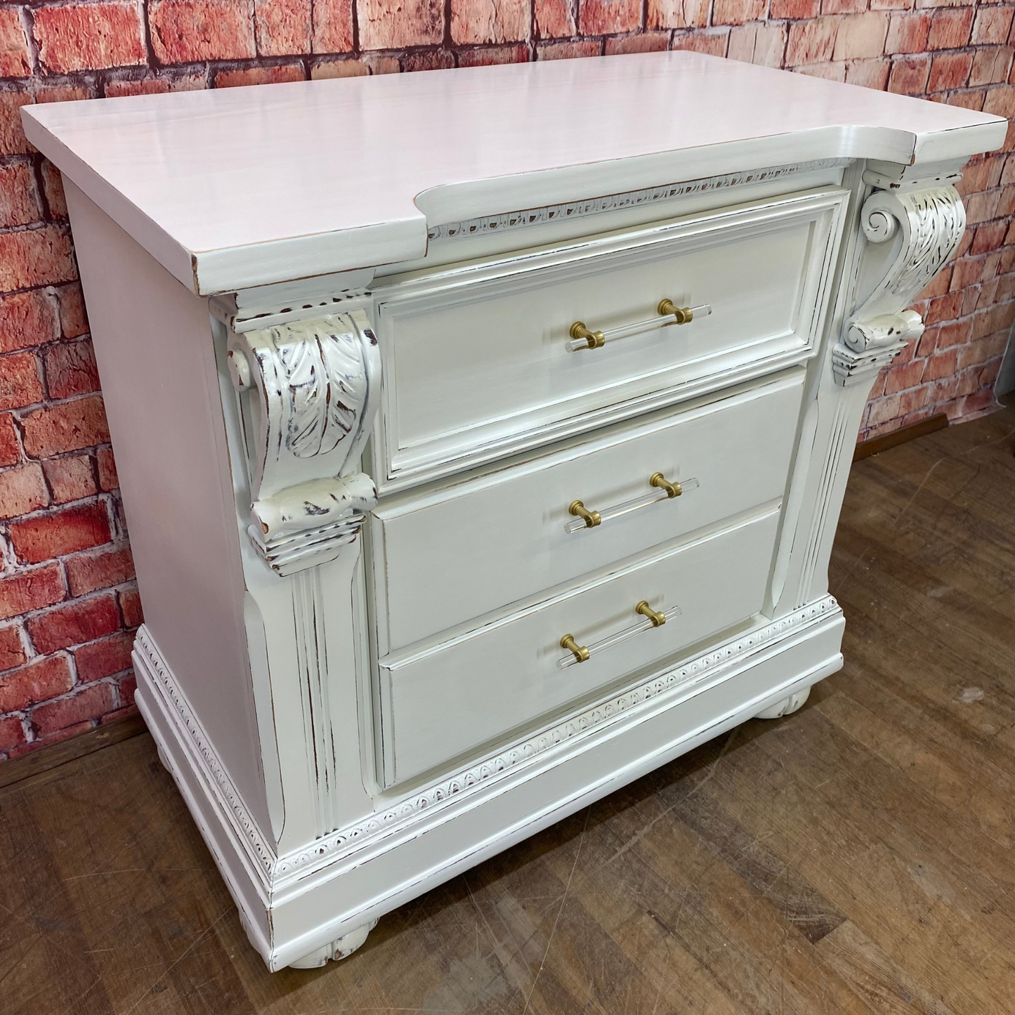Pair of Oversized Nightstands Painted White, Distressed with Gold and Acrylic Pulls