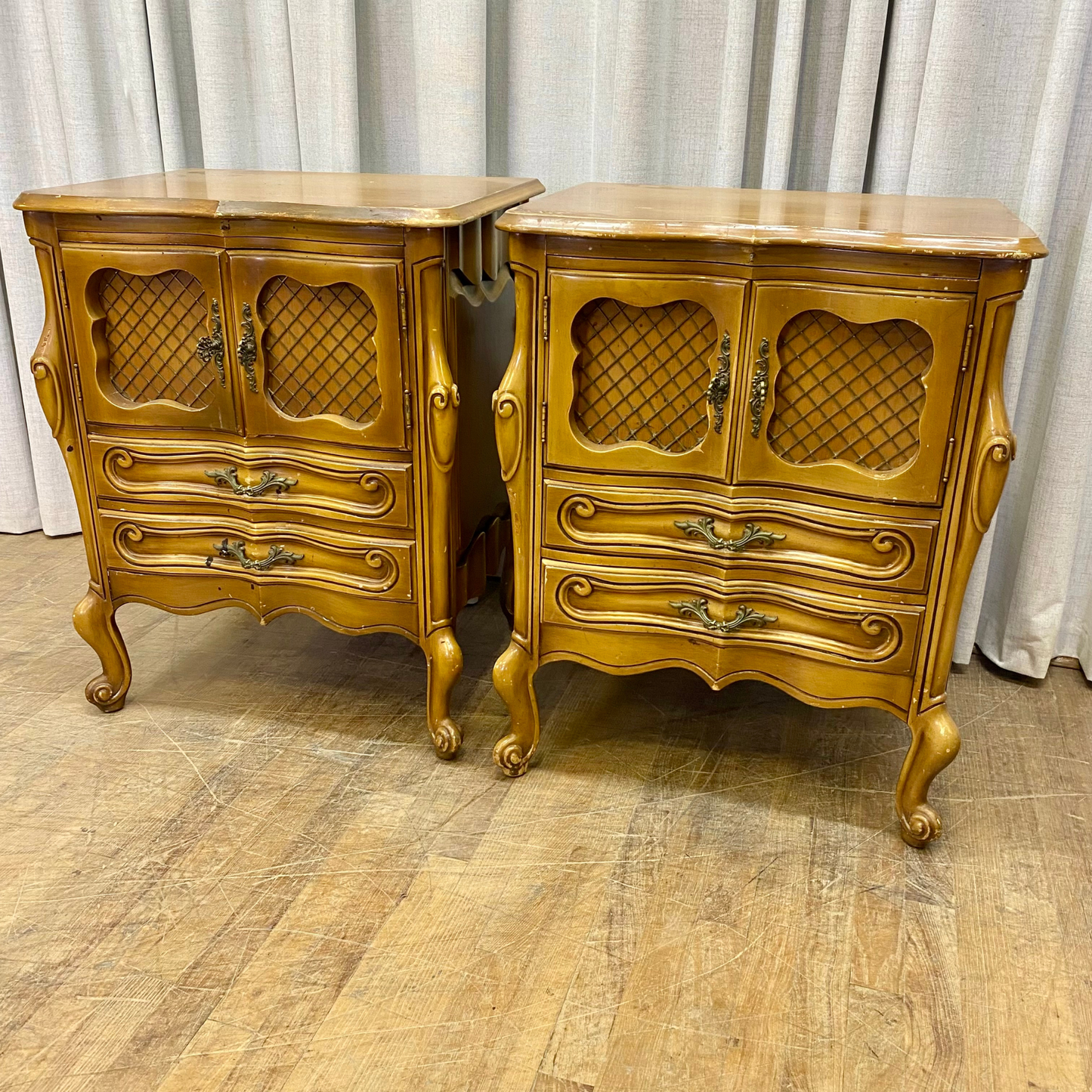 Curvy French Provincial Dresser and Pair of Nihgtstands