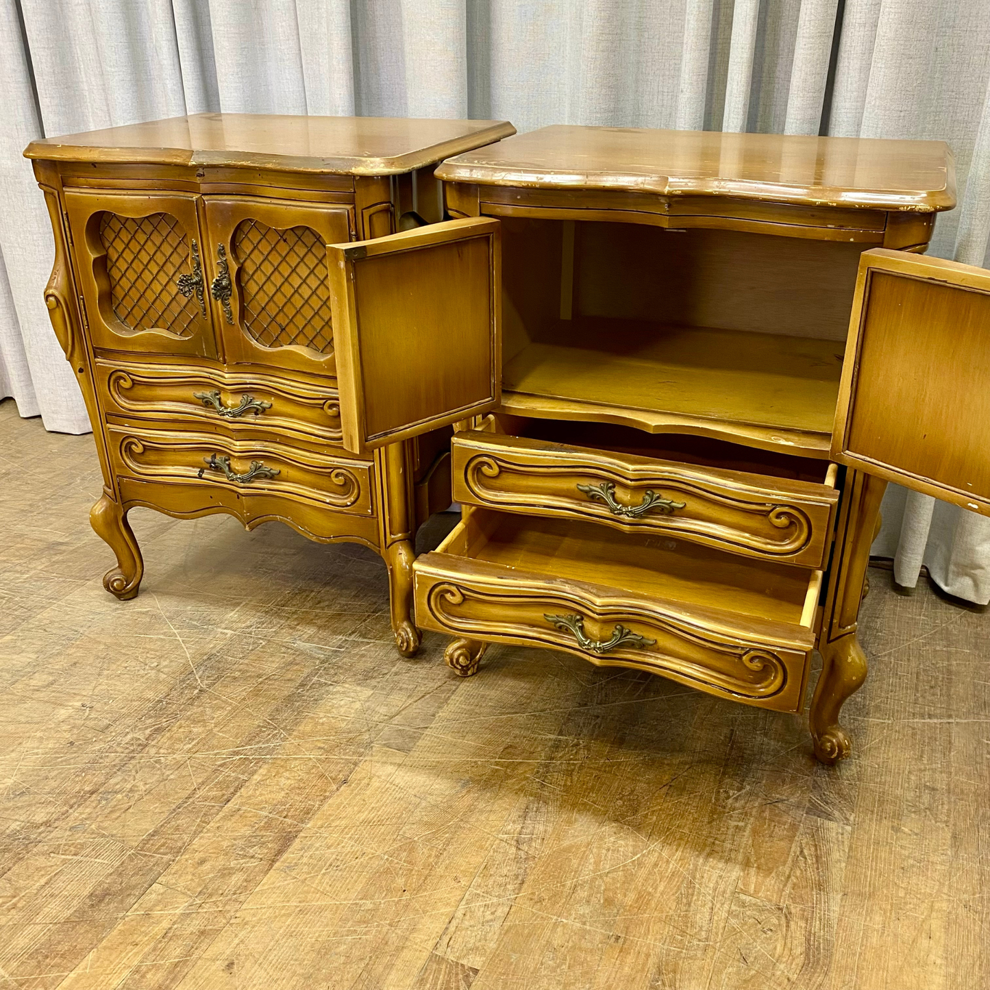 Curvy French Provincial Dresser and Pair of Nihgtstands