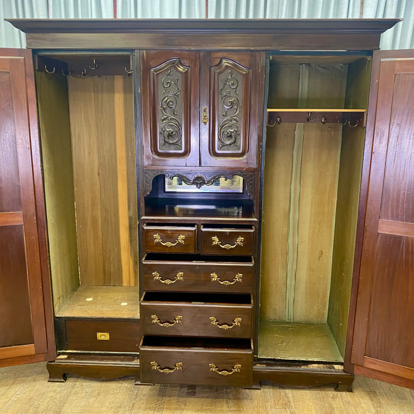 Antiue Mahogany Triple Wardrobe by Henry Barker