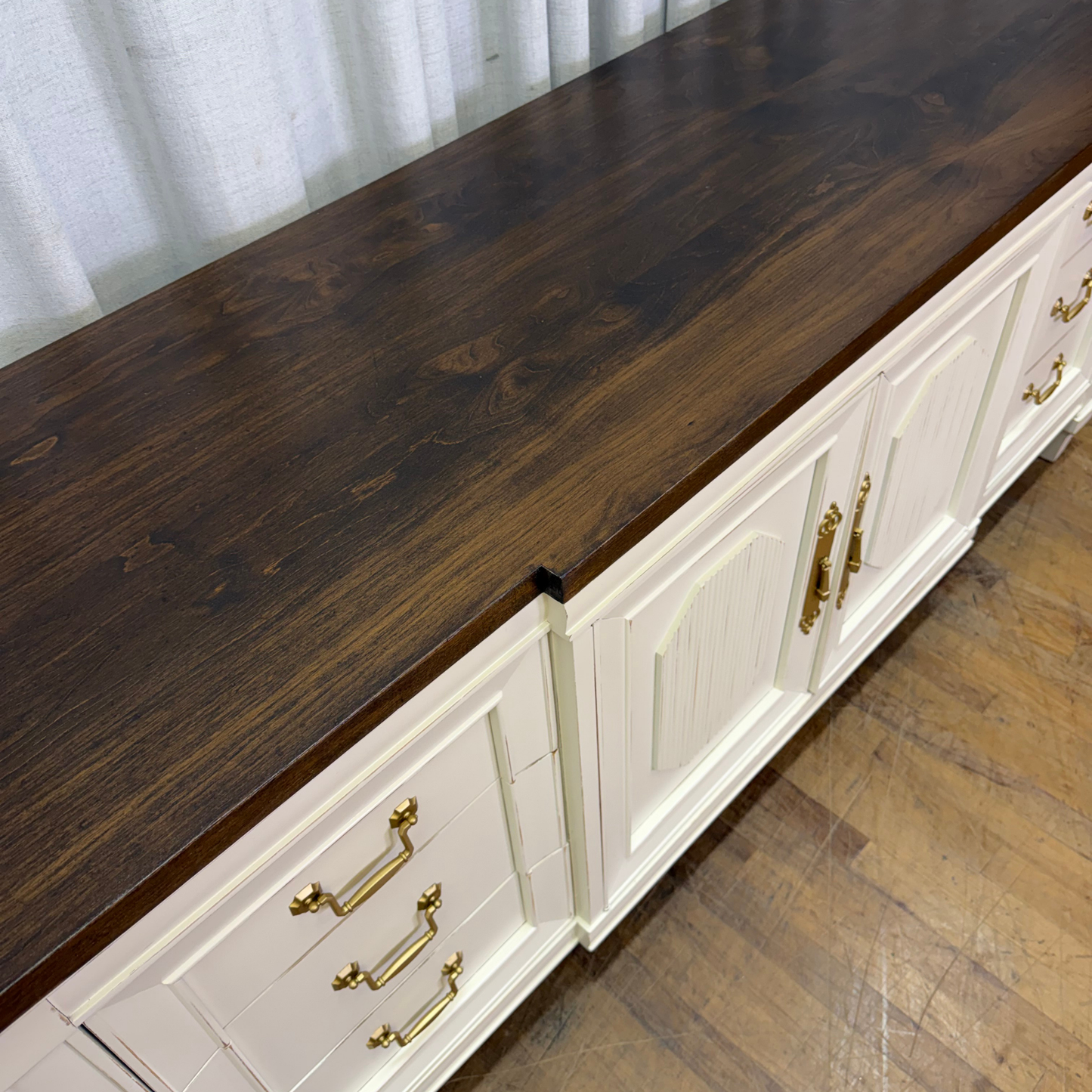 Directoire Style Dresser Lacquered White with Gold Pulls and Dark Stained Top