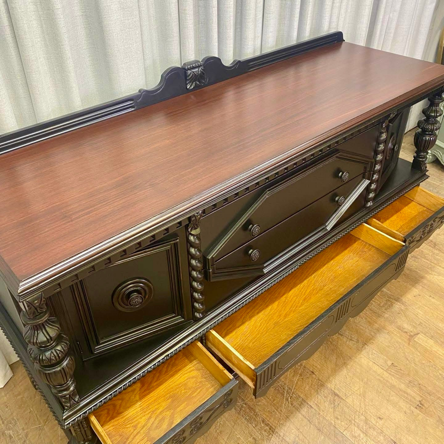 Stunning Depression Era Sideboard Lacquered Black with Stained Top