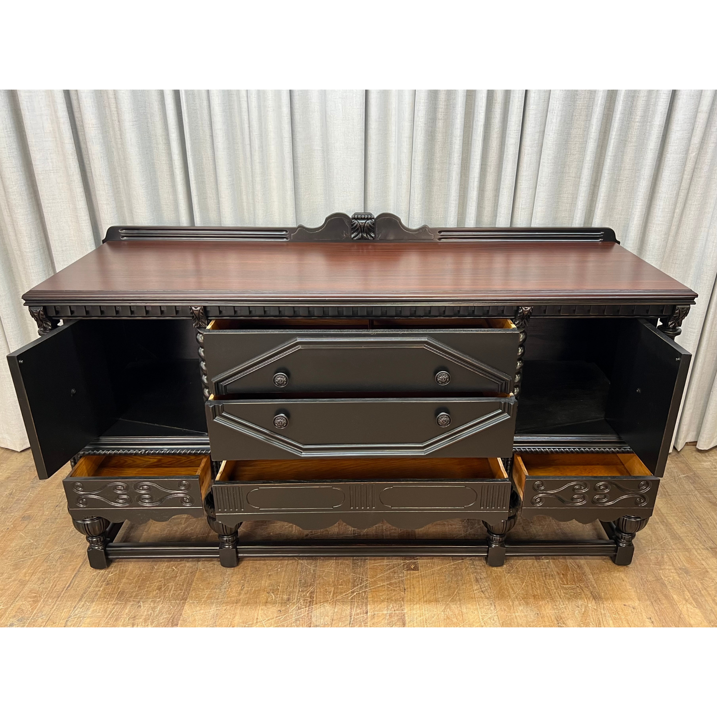 Stunning Depression Era Sideboard Lacquered Black with Stained Top