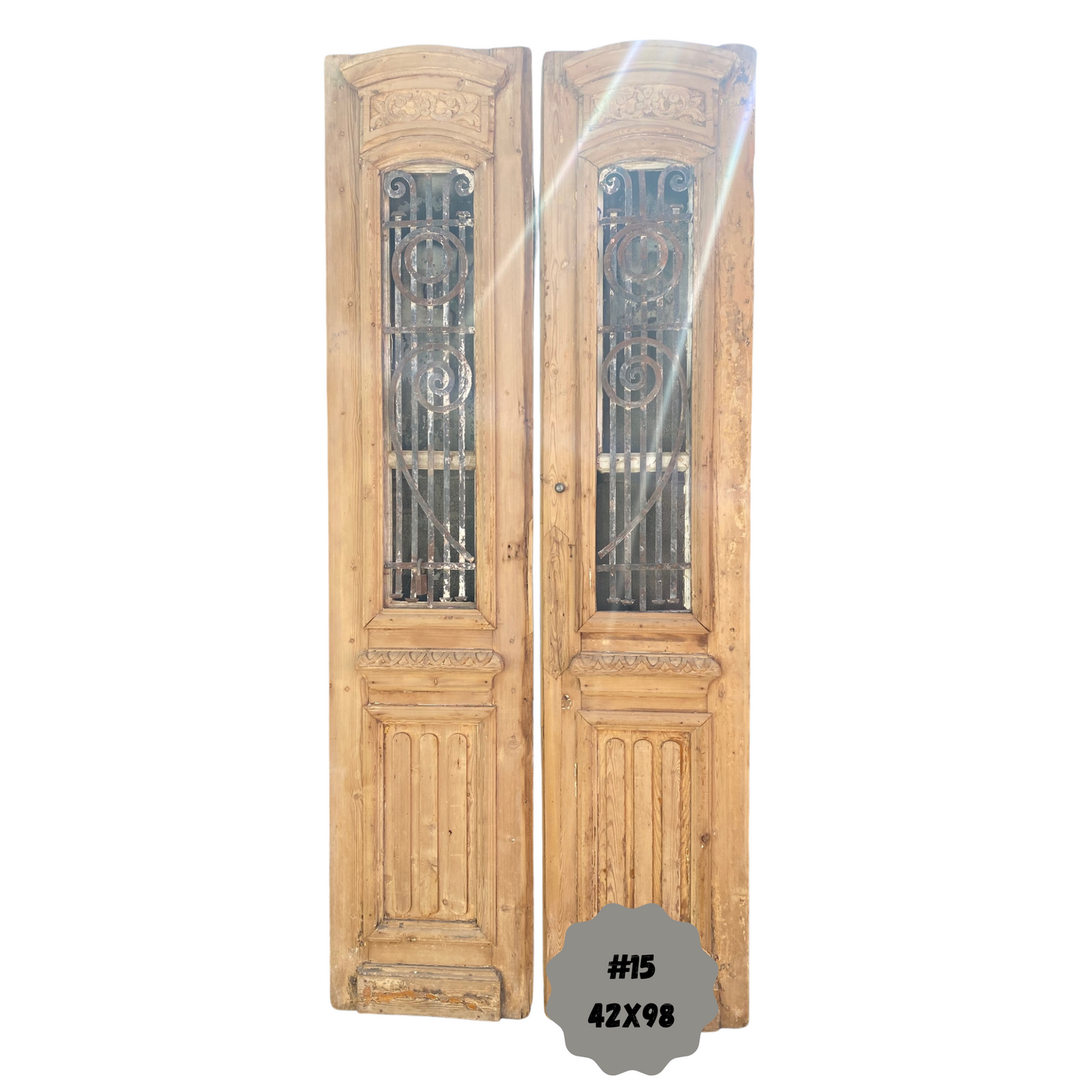 Egyptian Hand Carved Antique French Doors with Iron