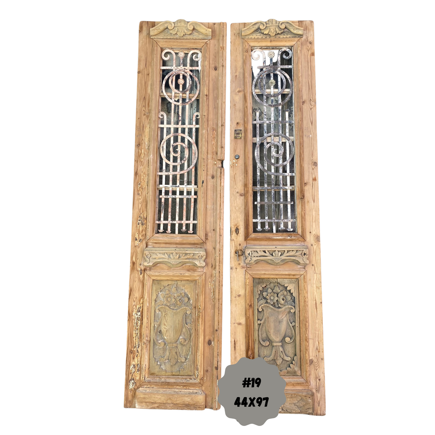 Egyptian Hand Carved Antique French Doors with Iron