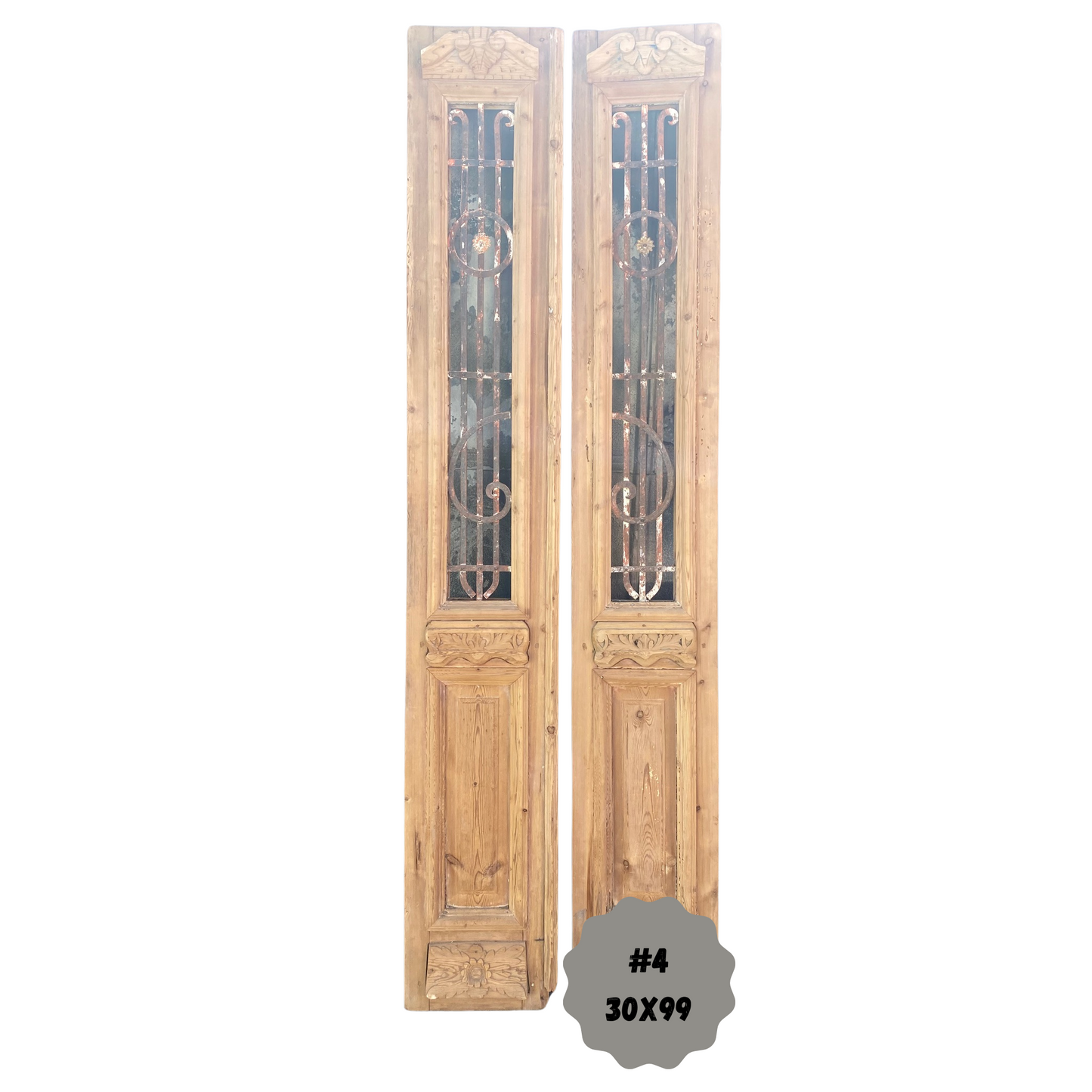 Egyptian Hand Carved Antique French Doors with Iron
