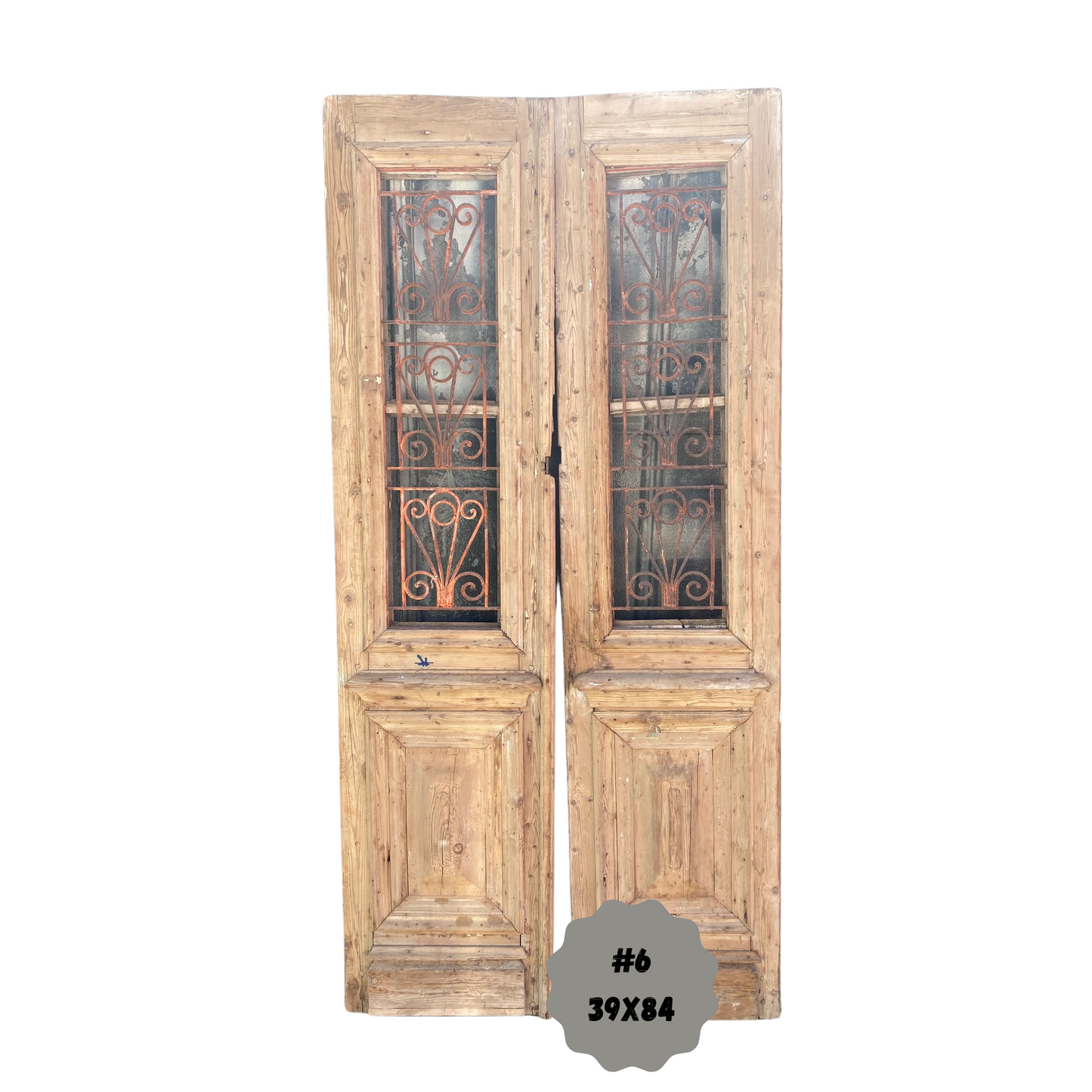 Egyptian Hand Carved Antique French Doors with Iron