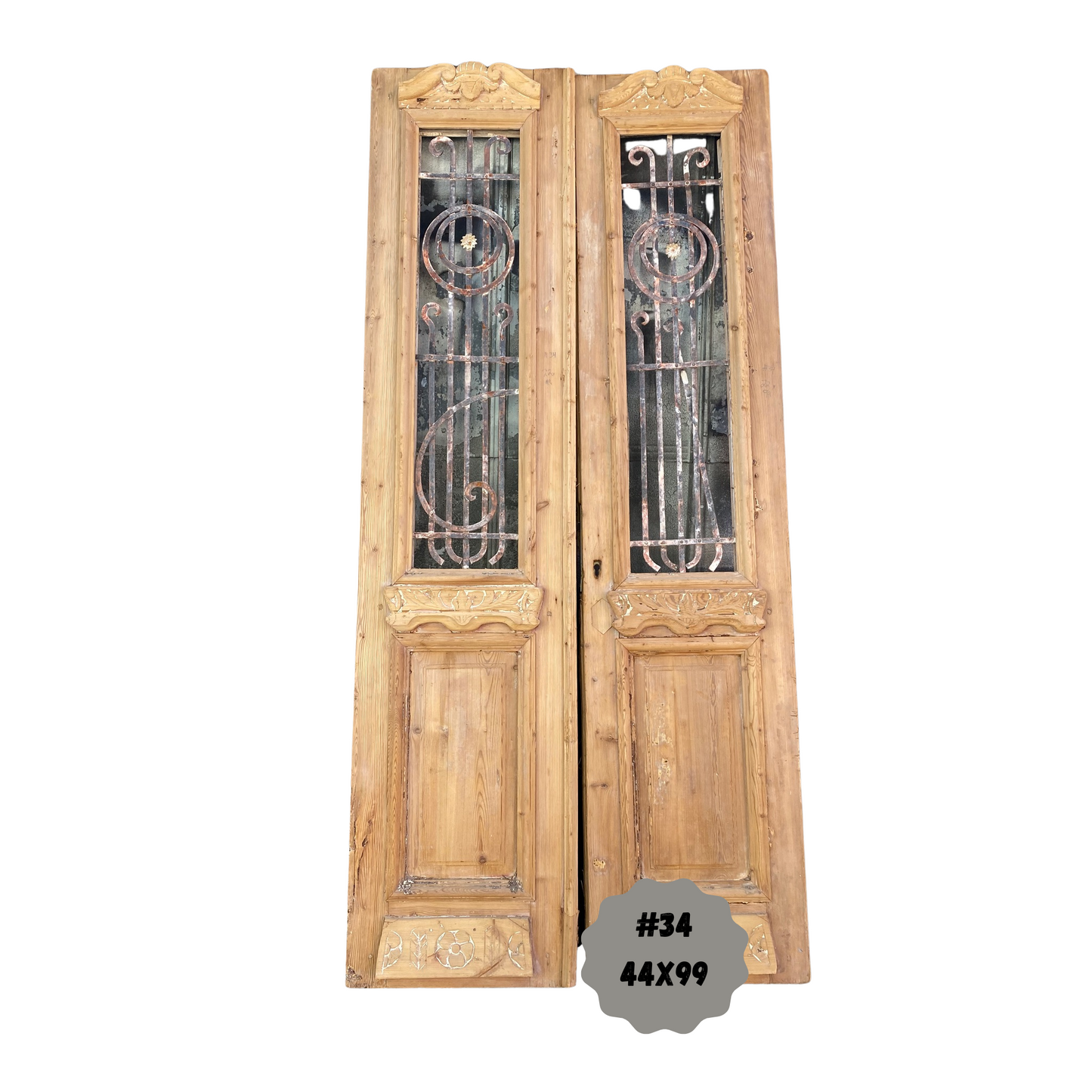 Egyptian Hand Carved Antique French Doors with Iron