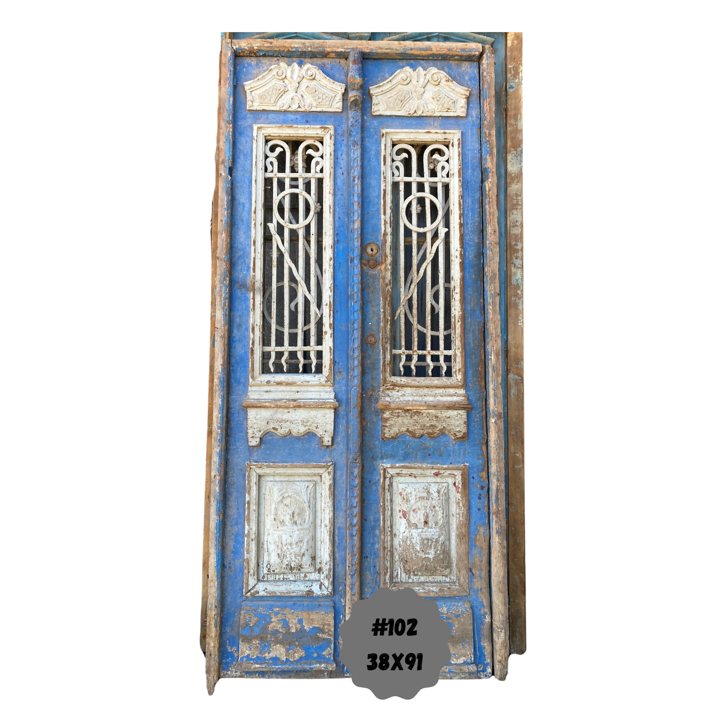 Egyptian Hand Carved Antique Door with Iron in Frame