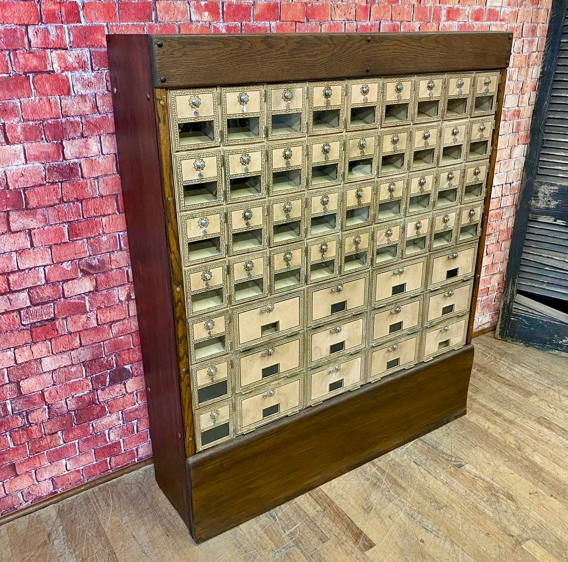 60 Door Brass Post Office Mailboxes Framed in 100yr Old Oak Reclaimed from Church Pews