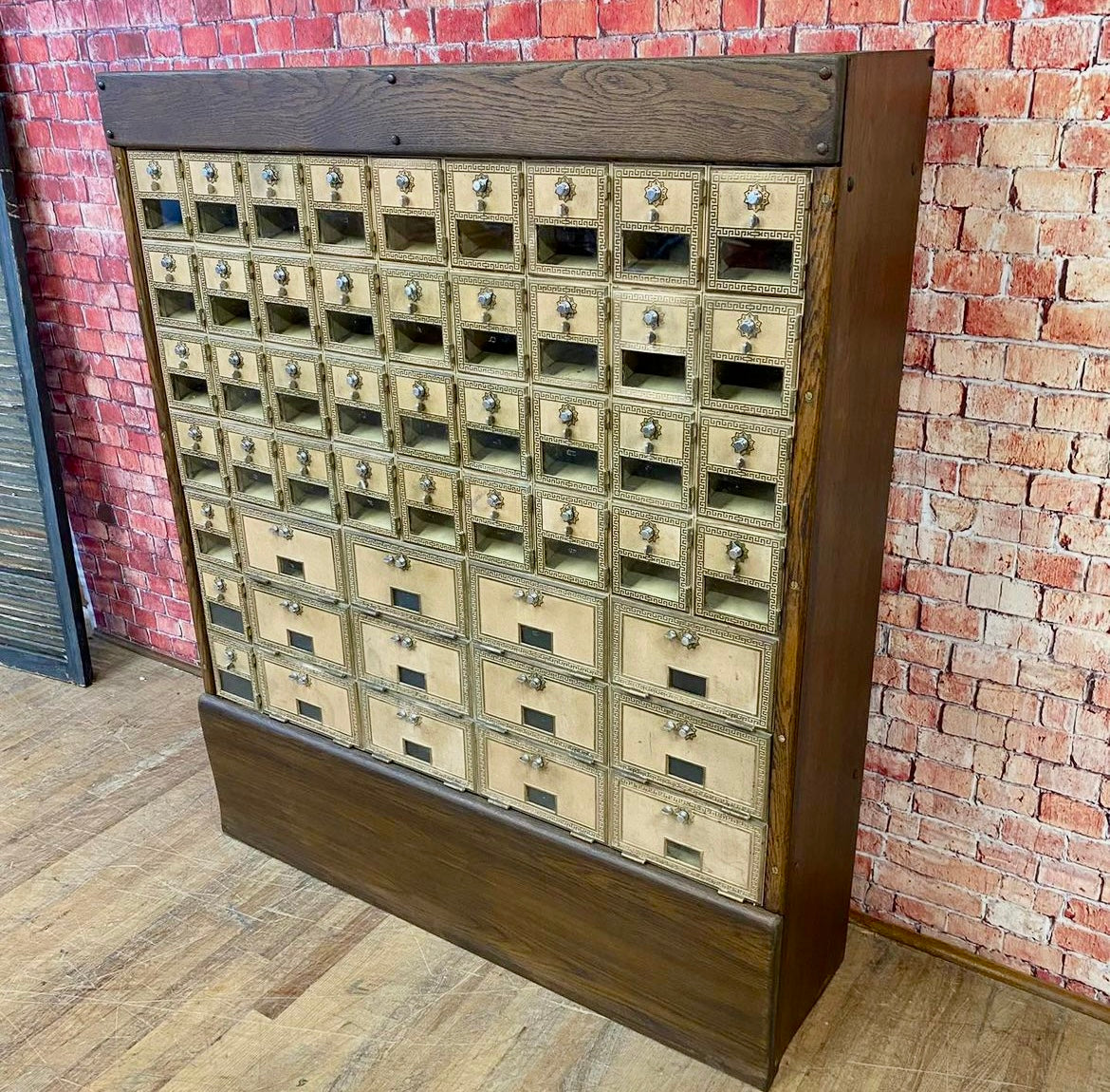 60 Door Brass Post Office Mailboxes Framed in 100yr Old Oak Reclaimed from Church Pews