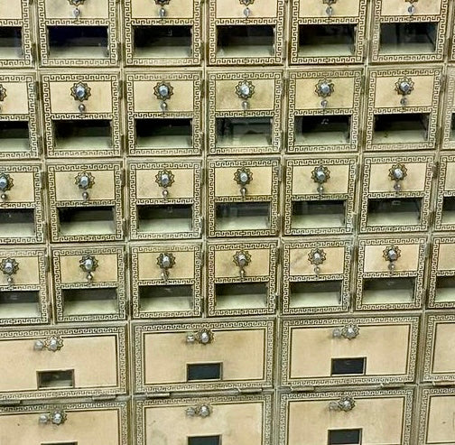 60 Door Brass Post Office Mailboxes Framed in 100yr Old Oak Reclaimed from Church Pews