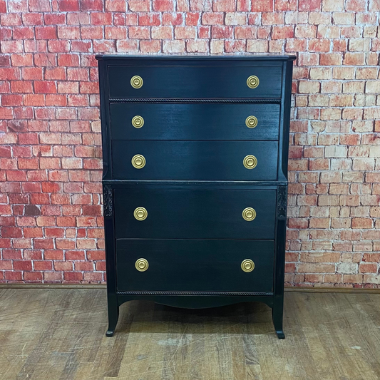 Hepplewhite 5 Drawer Chest Painted Black, Lightly Distressed with Gold Pulls