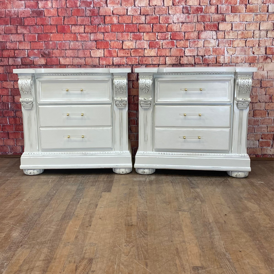 Pair of Oversized Nightstands Painted White, Distressed with Gold and Acrylic Pulls