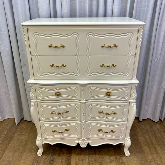 French Provincial Chest Painted White with Gold Pulls