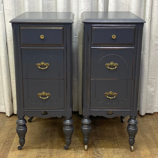 Pair of Depression Era Nightstands Painted Hale Navy with Antique Brass Pulls