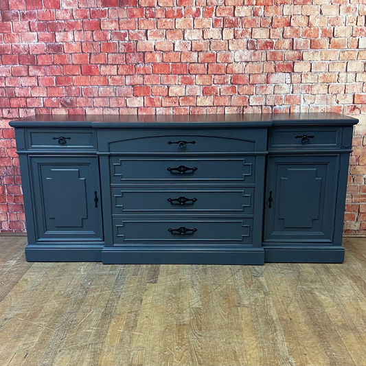 Directoire Style Sideboard by Thomasville Painted Hale Navy, Lightly Distressed with Black Pulls