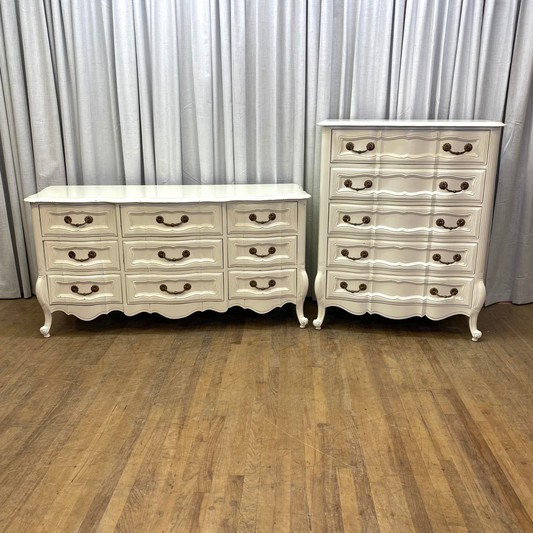 French Provincial Dresser and Chest Painted White with Antique Brass Pulls