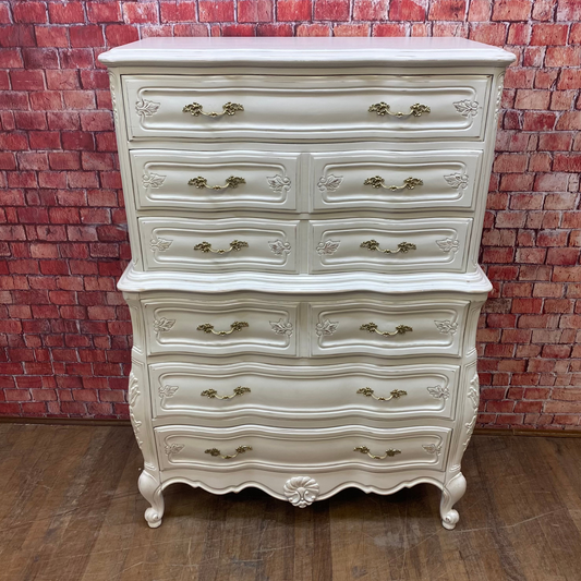 Six Drawer French Provincial Chest on Chest Painted White with Original Brass Pulls