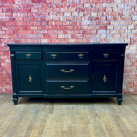 Directoire Style Sideboard by Huntly Furniture Co. Painted Black w/ Antique Brass Pulls