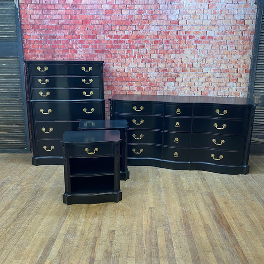 Mahogany Bedroom Set by White Furniture Co. Painted Black, Lightly Distressed with Gold Pulls