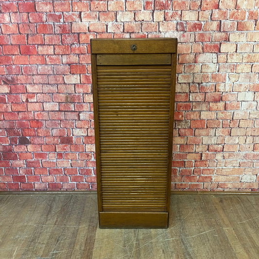 Antique Oak Office Tambour Cabinet with Roll Up Door, Lock & Key