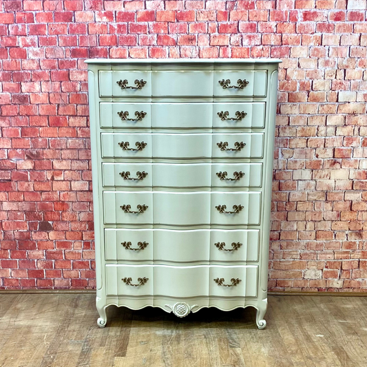 Tall Seven Drawer French Chest Painted Cafe Au Lait with Antique Brass Pulls