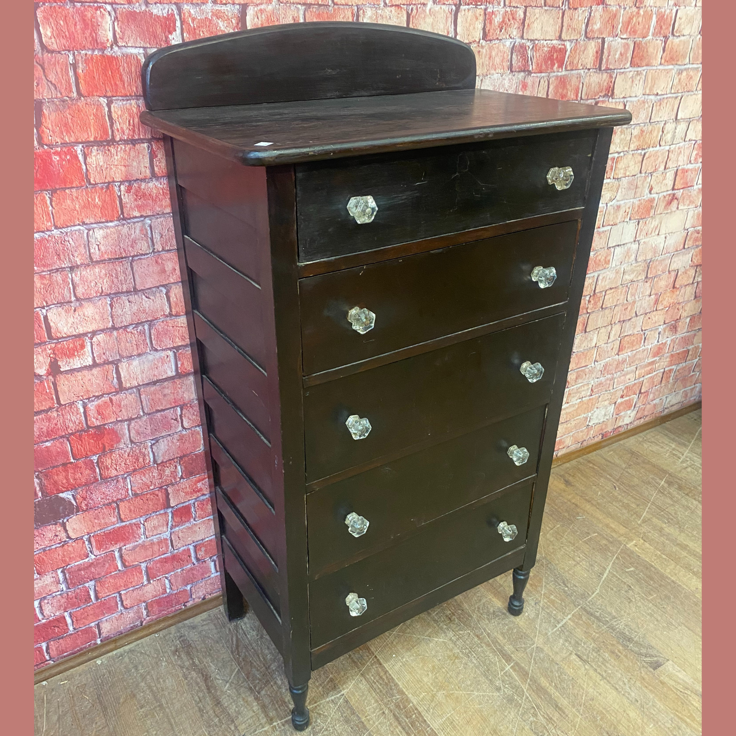 Antique Oak Five Drawer Chest with Glass Pulls