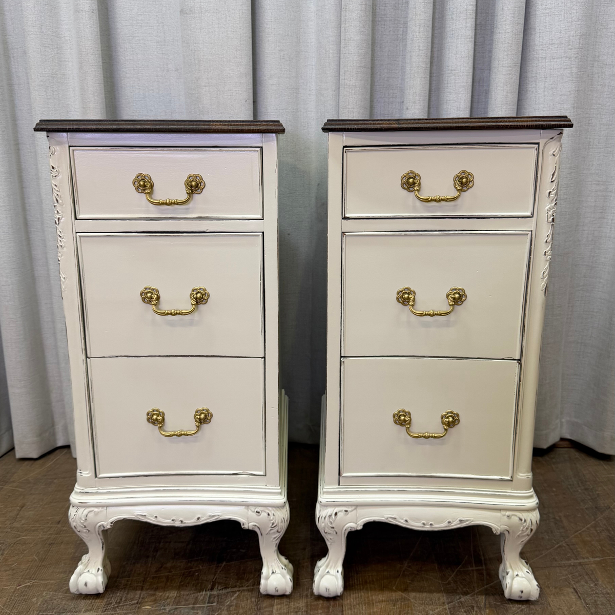 Pair Tall Narrow Ball & Claw Foot Nightstands
