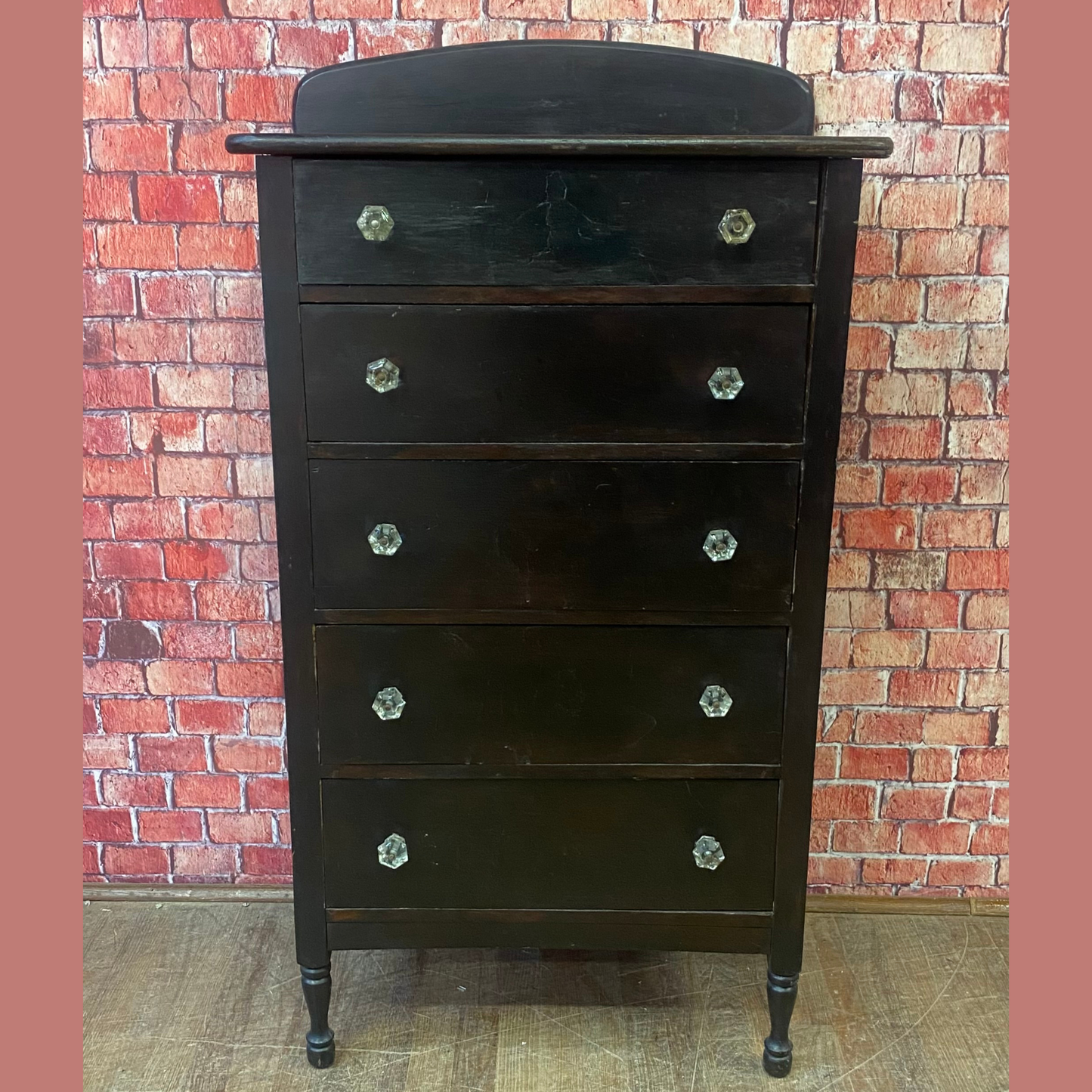 Antique Oak Five Drawer Chest with Glass Pulls