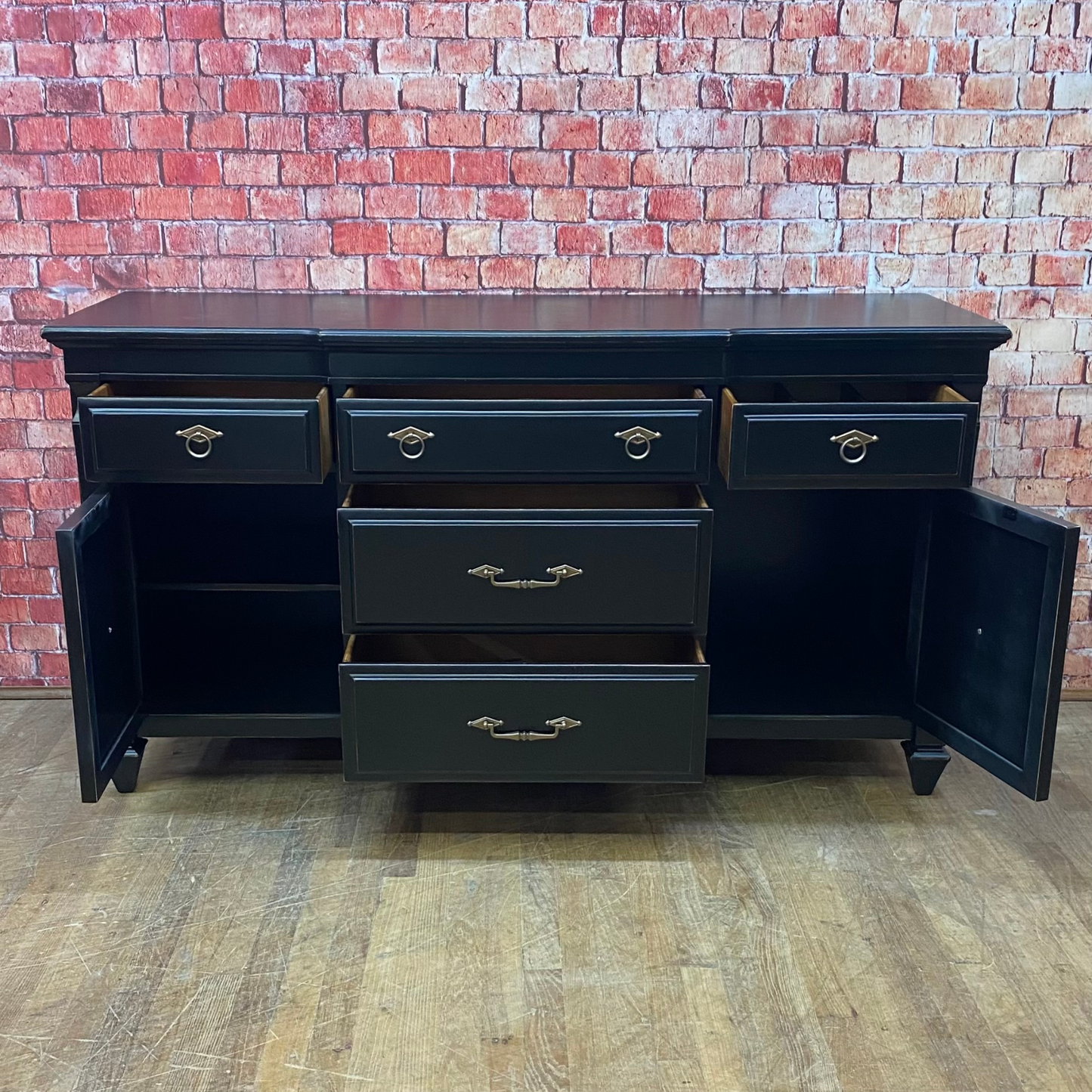 Directoire Style Sideboard by Huntly Furniture Co. Painted Black w/ Antique Brass Pulls