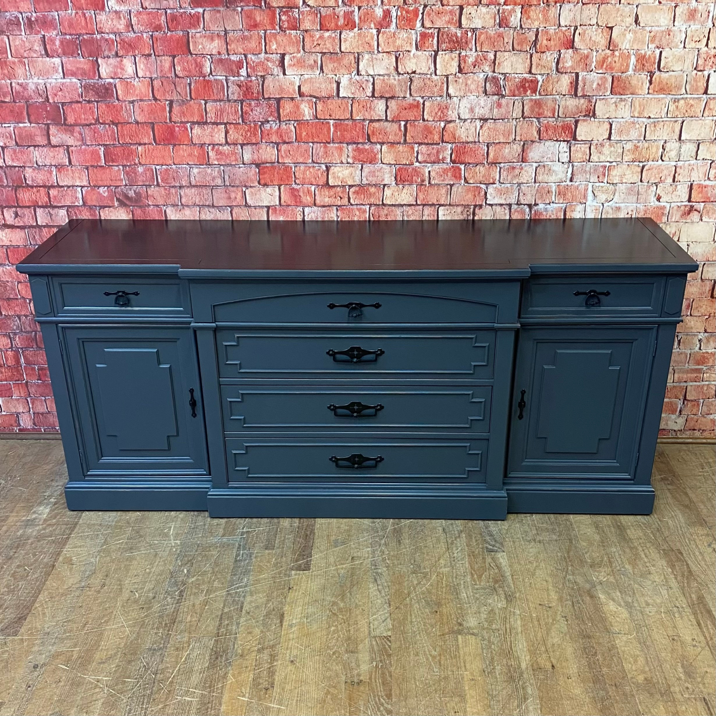 Directoire Style Sideboard by Thomasville Painted Hale Navy, Lightly Distressed with Black Pulls