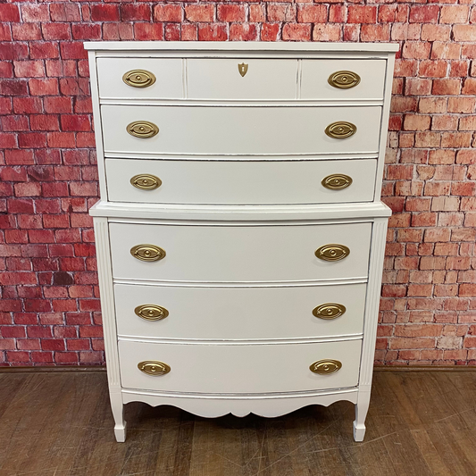 Hepplewhite Chest Painted Our Custom White, Lightly Distressed with Gold Pulls