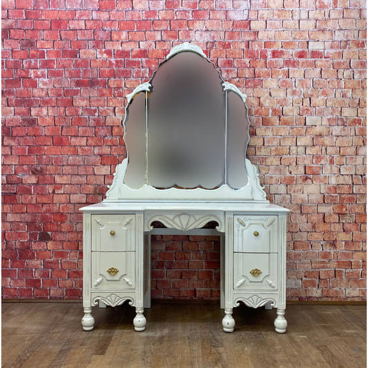 Depression Era Vanity Painted White, Distressed with Gold Pulls