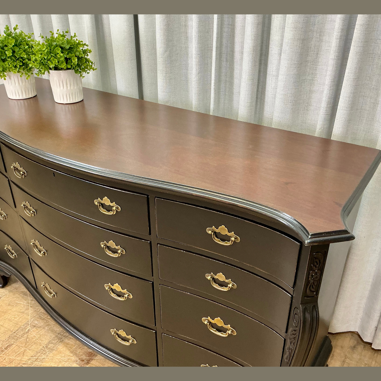 Twelve Drawer Dresser by Lexington Lacqured Black with Jacobean Stained Top