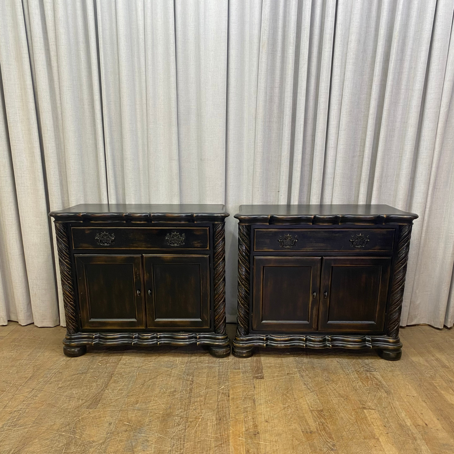 Pair of Single Drawer Two Door Black Distressed Oversized Nightstands