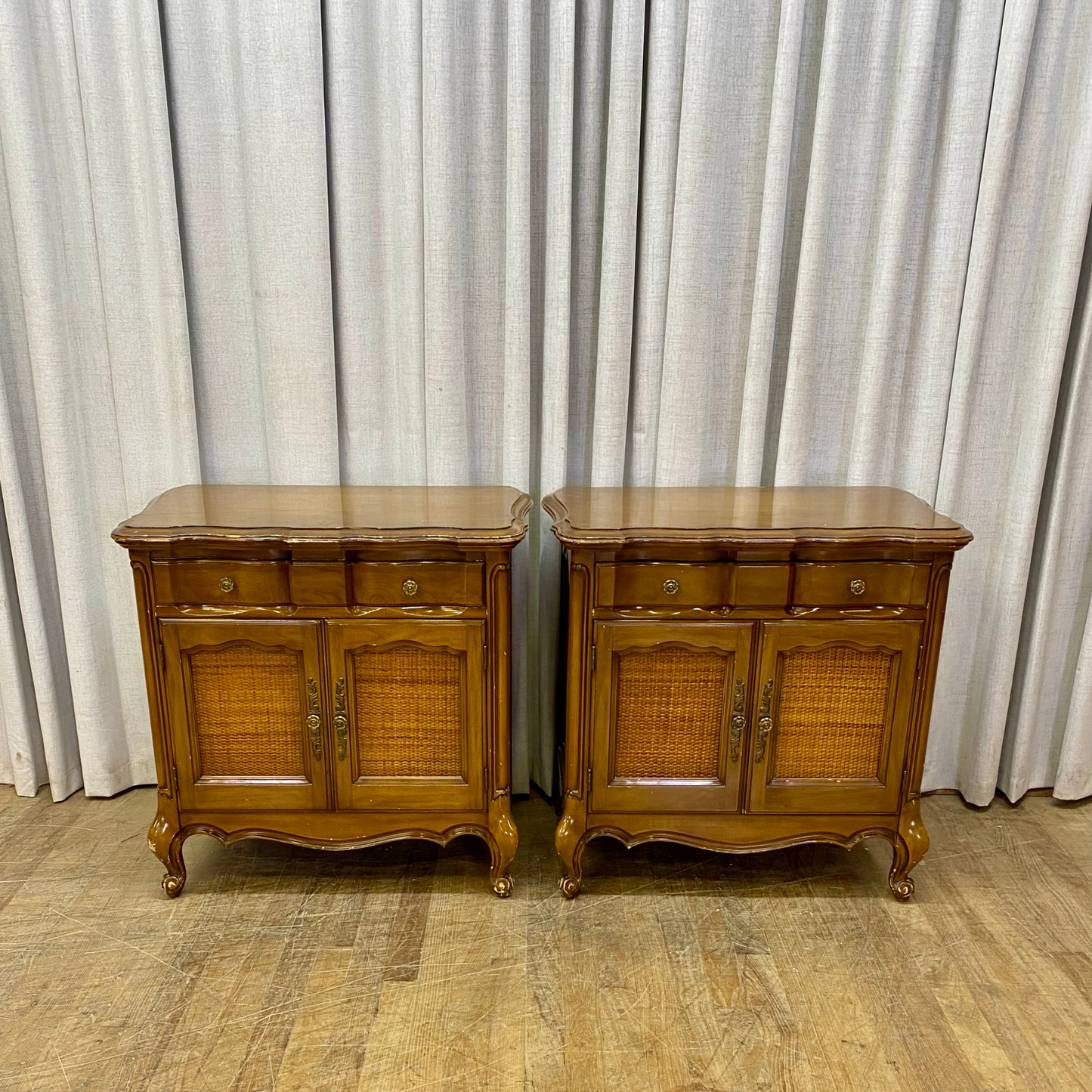 Pair of French Provincial Single Drawer Two Door Nightstands