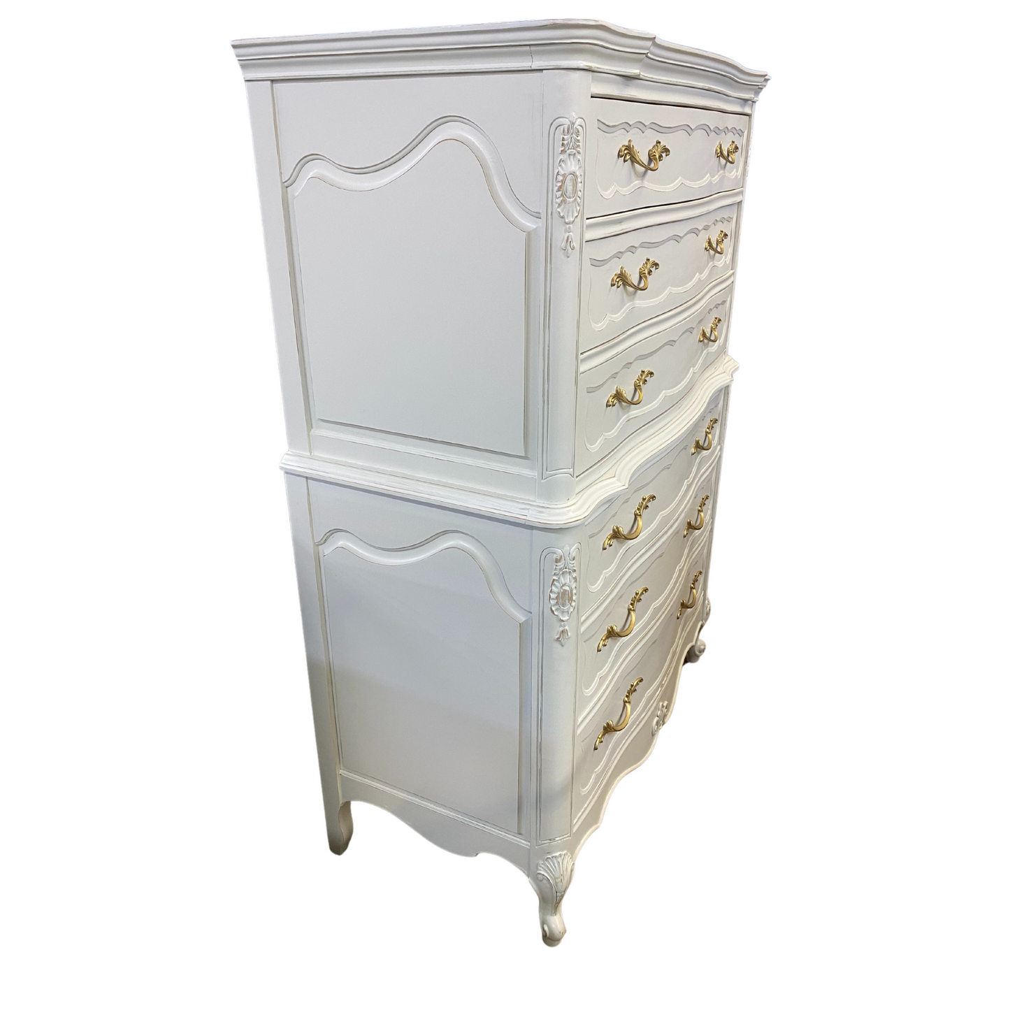 French Provincial Chest Painted Our Custom White, Lightly Distressed with Gold Pulls