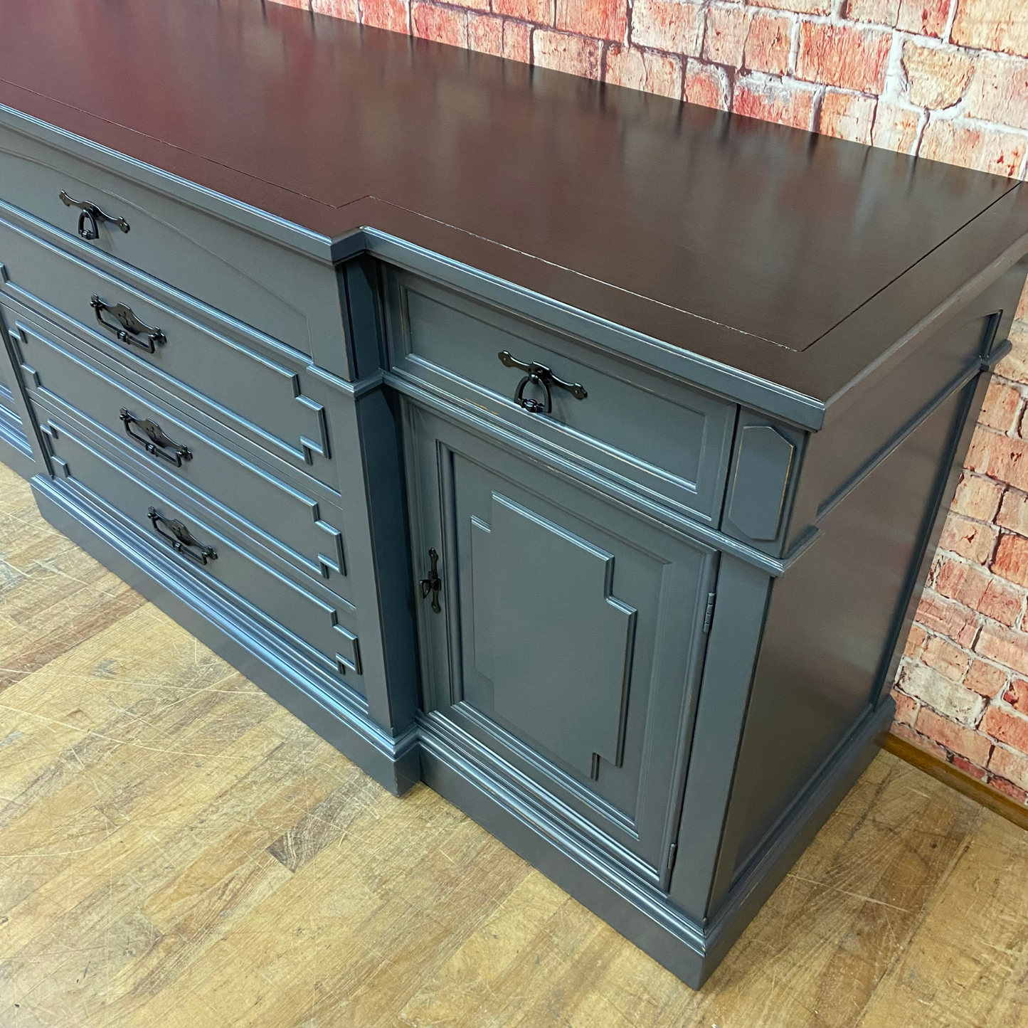 Directoire Style Sideboard by Thomasville Painted Hale Navy, Lightly Distressed with Black Pulls