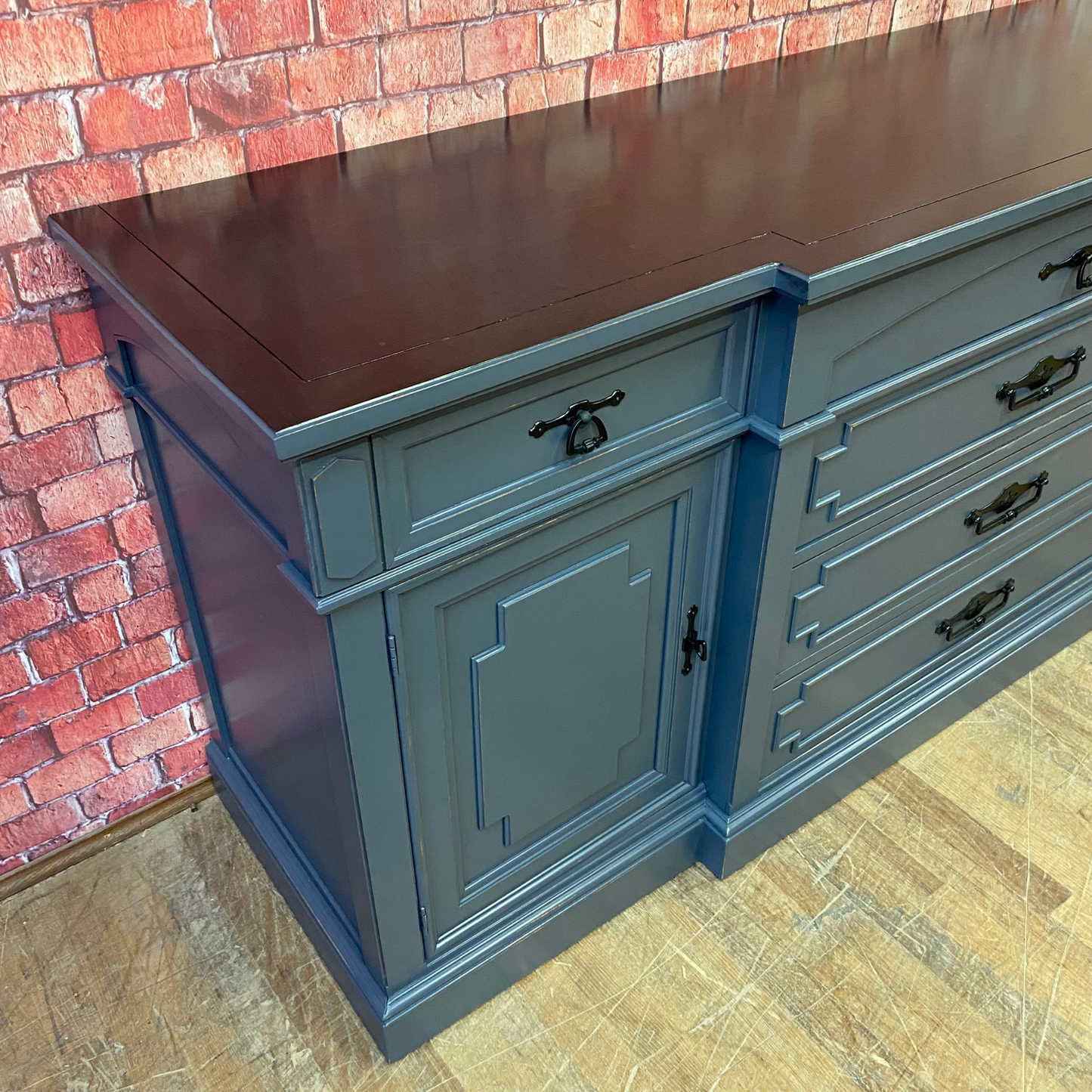 Directoire Style Sideboard by Thomasville Painted Hale Navy, Lightly Distressed with Black Pulls