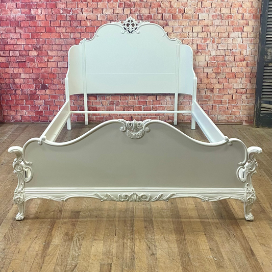 Beautiful Carved French Full-Size Bed Painted White and Lightly Distressed