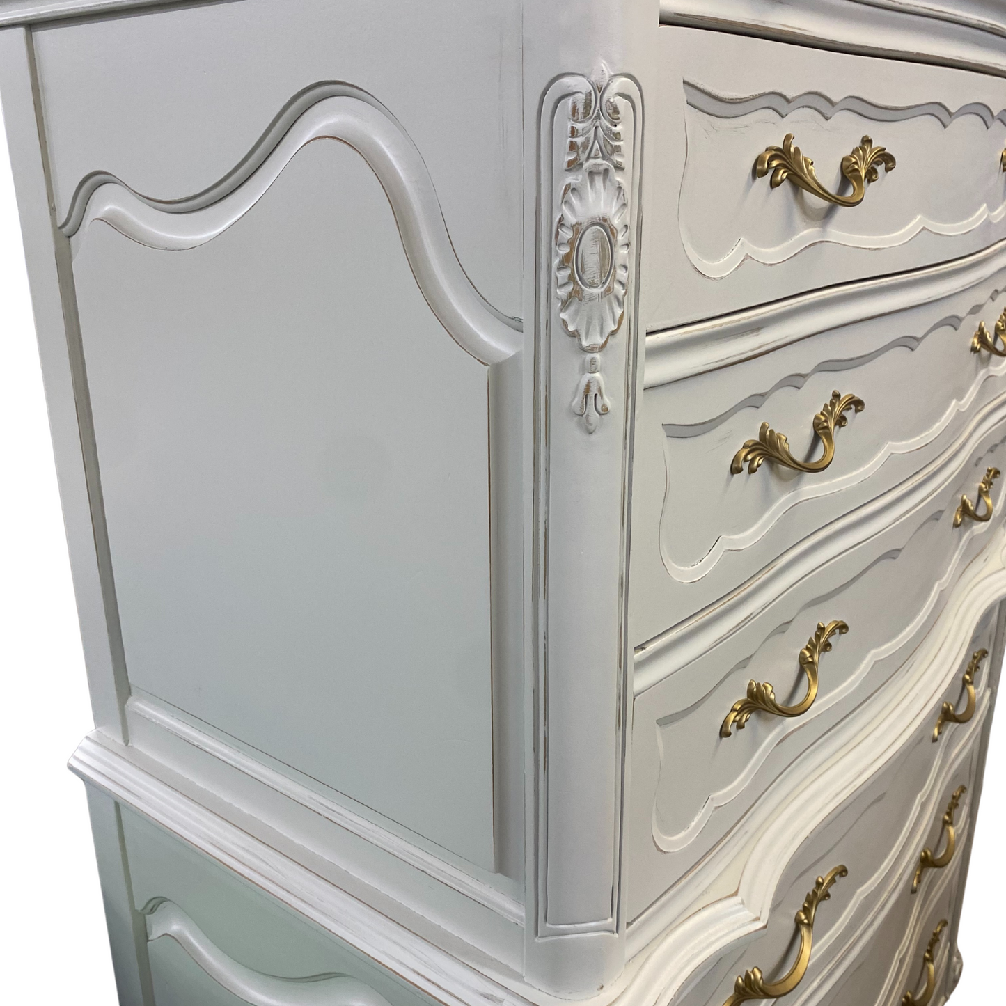 French Provincial Chest Painted Our Custom White, Lightly Distressed with Gold Pulls