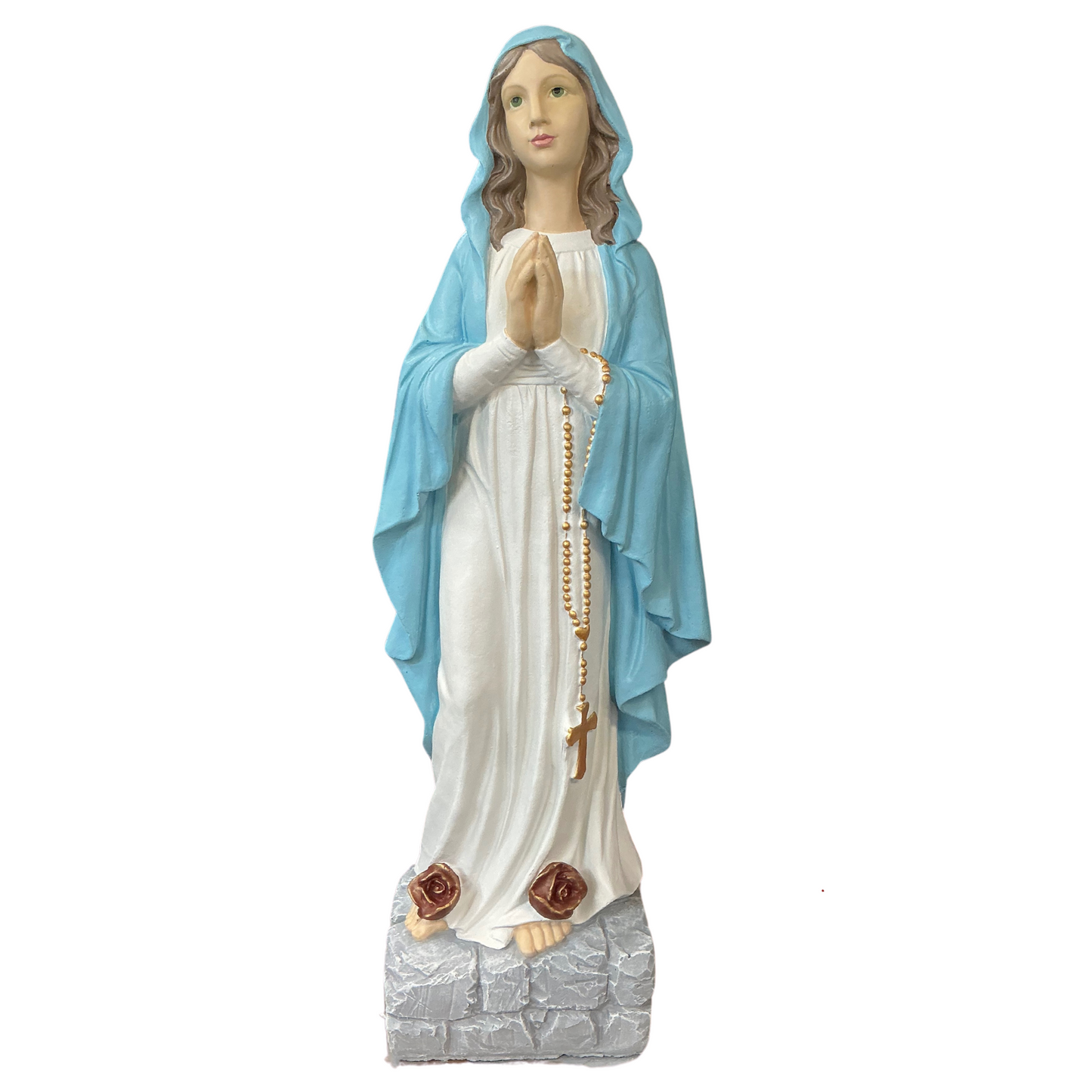 Painted Concrete Mary with Rosary and Roses 32”